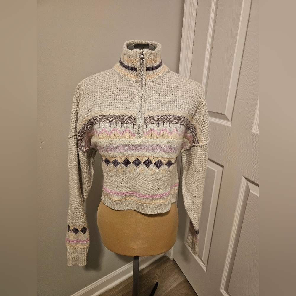 Sugar Moon Cozy Quarter Zip Cream and Mutliolor Crop Women's Sweater Sz M - Picture 1 of 7